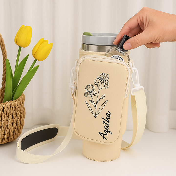 Personalized Birth Flower Waterproof Bottle Carrier Bag for 40oz Stanley Tumbler Gift for Her