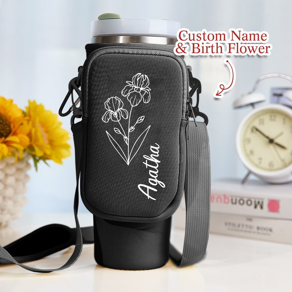Personalized Birth Flower Waterproof Bottle Carrier Bag for 40oz Stanley Tumbler Gift for Her