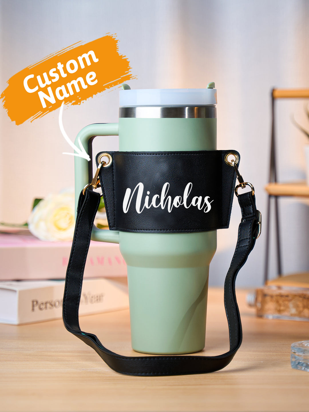 Custom Name Water Bottle Carrier Bag for 40oz Stanley Tumbler with Adjustable Strap Birthday Gift for Women