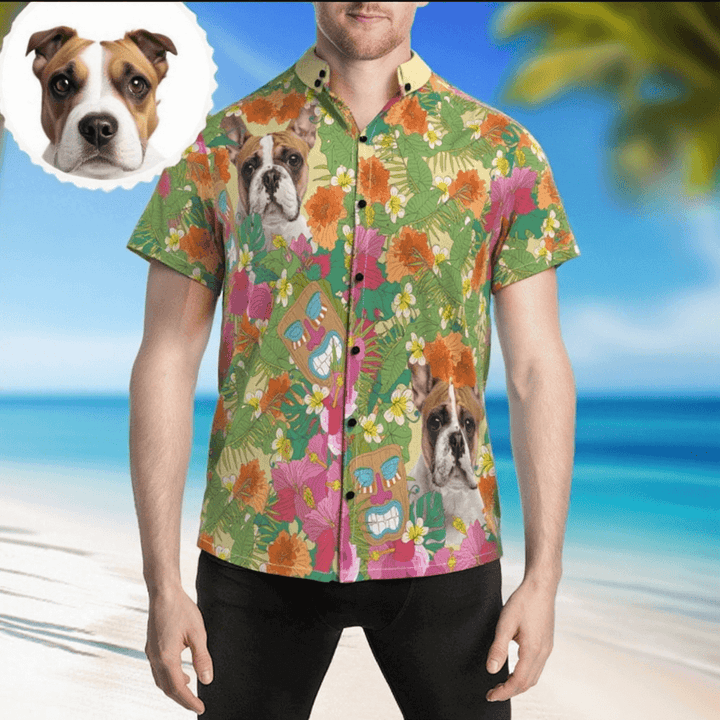 Custom Pet Face Hawaiian Shirt Floral Print Button Up Beach Shirts