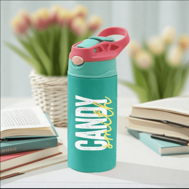 Personalized Name 12oz Water Bottle with Silicone Straw Water Bottle Birthday Gift for Kids