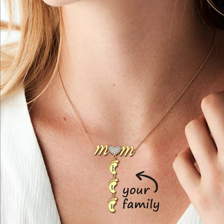 Family Name Necklace for New Mom with  Baby Feet