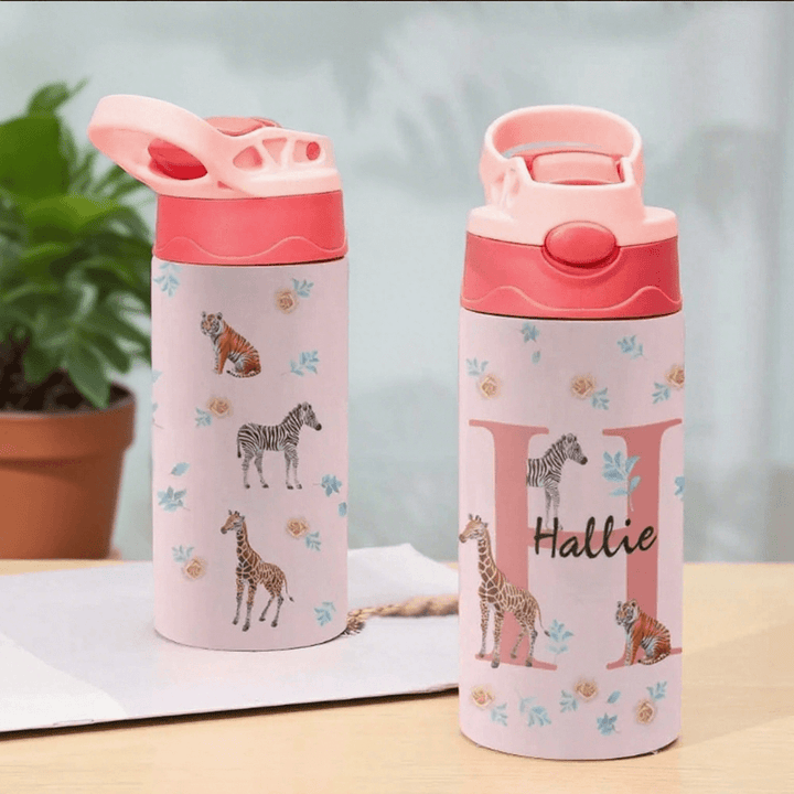 Personalized 12oz Water Bottle with Straw Animal Jungle Water Bottle Birthday Gift for Kids