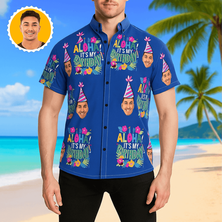 Custom Face Hawaiian Shirt Birthday Party Blue Men's Summer Shirt