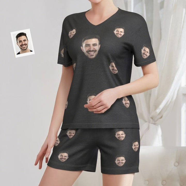 Personalized Face Womens Pajamas Black Funny Short Pajama Set