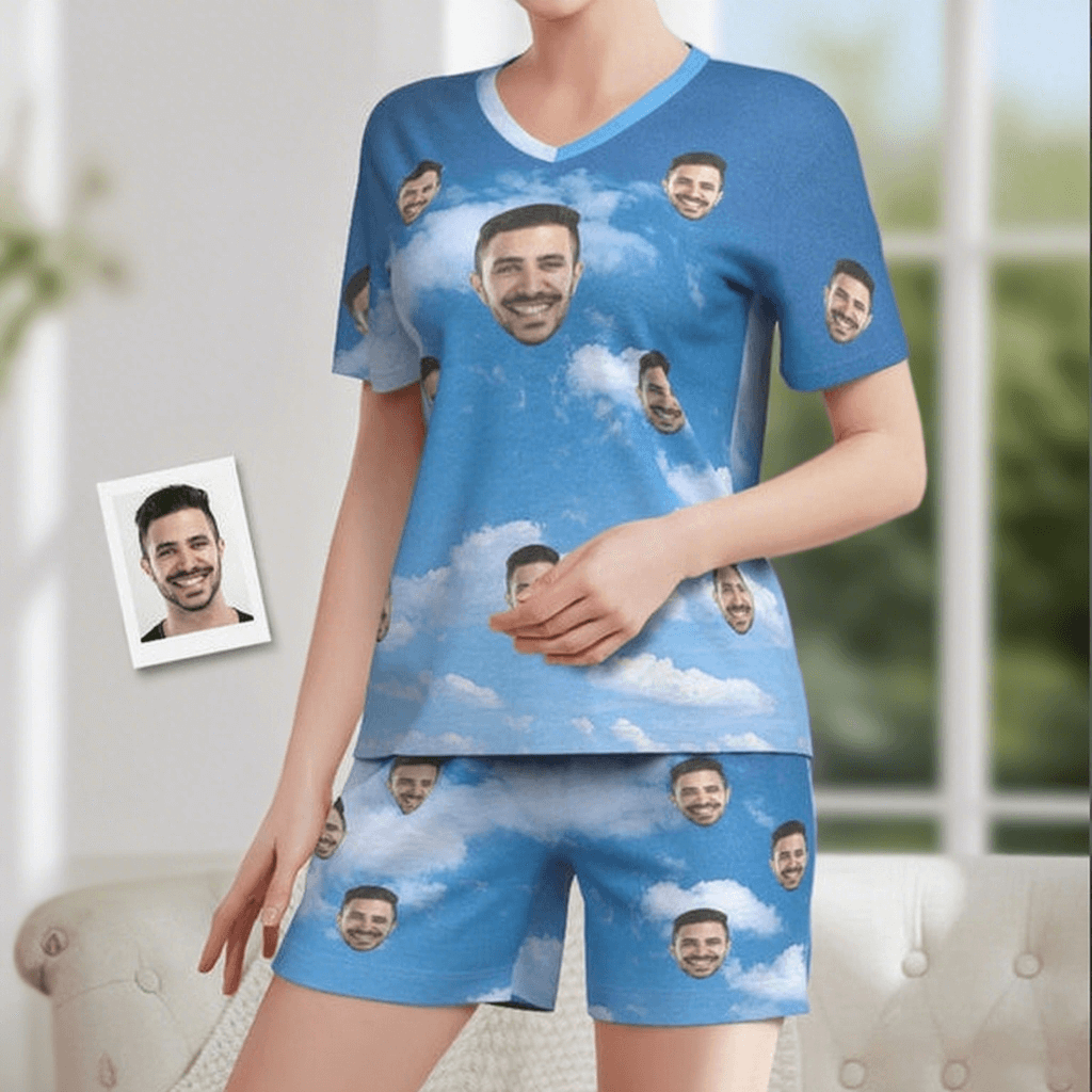 Customized Face Pyjamas Blue Sky Short Pajama Set for Women