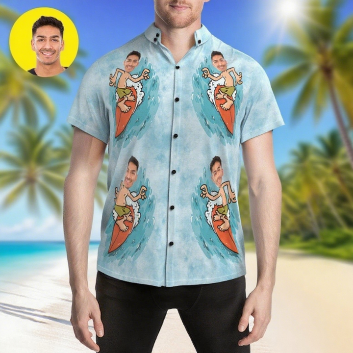 Custom Face Hawaiian Shirt Sea Surfing Mens Summer Party Shirt