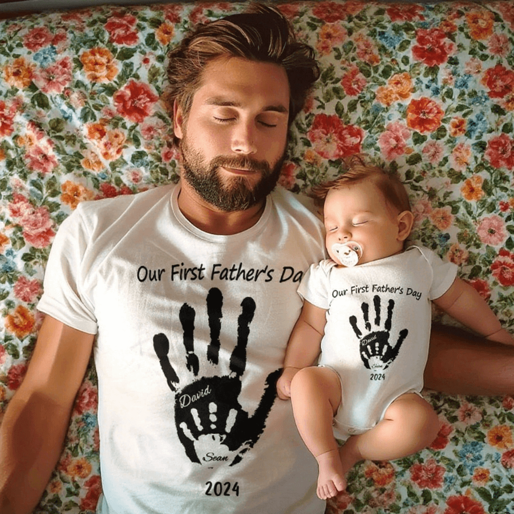 Personalized Our First Father’s Day Handprint Father T-Shirt Gift for Dad