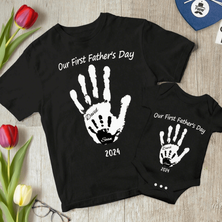 Personalized Our First Father’s Day Handprint Father T-Shirt Gift for Dad
