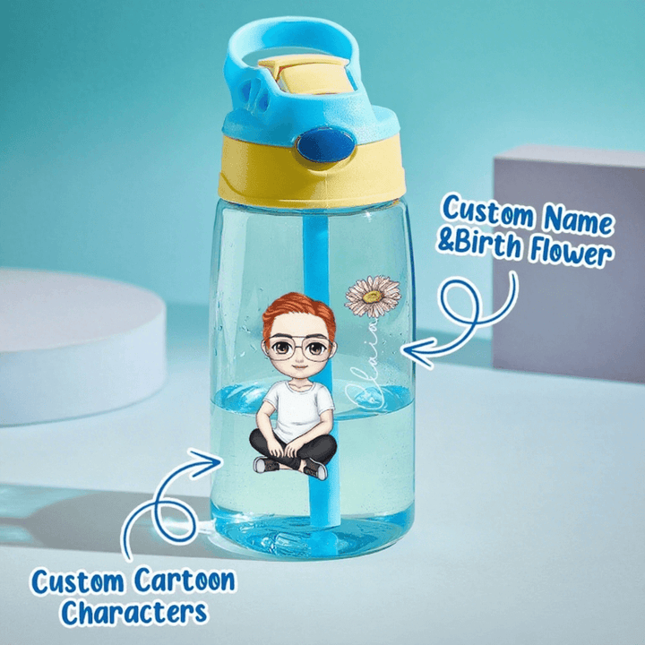 Personalized Cartoon Birth Flower Water Bottle with Straw 16oz Water Bottle Gift for Kids